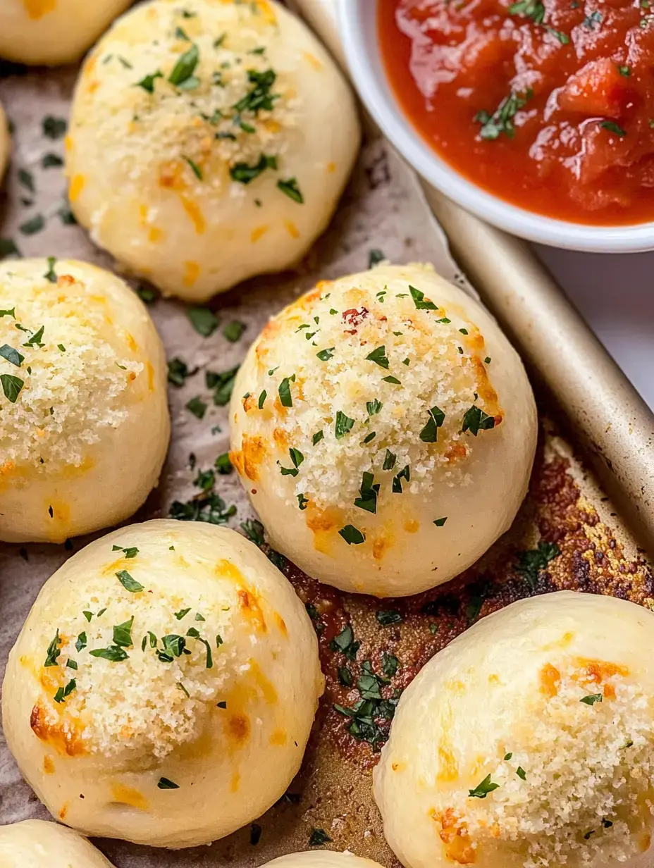 A close-up of freshly baked cheese-stuffed bread rolls topped with herbs, served alongside a bowl of marinara sauce.