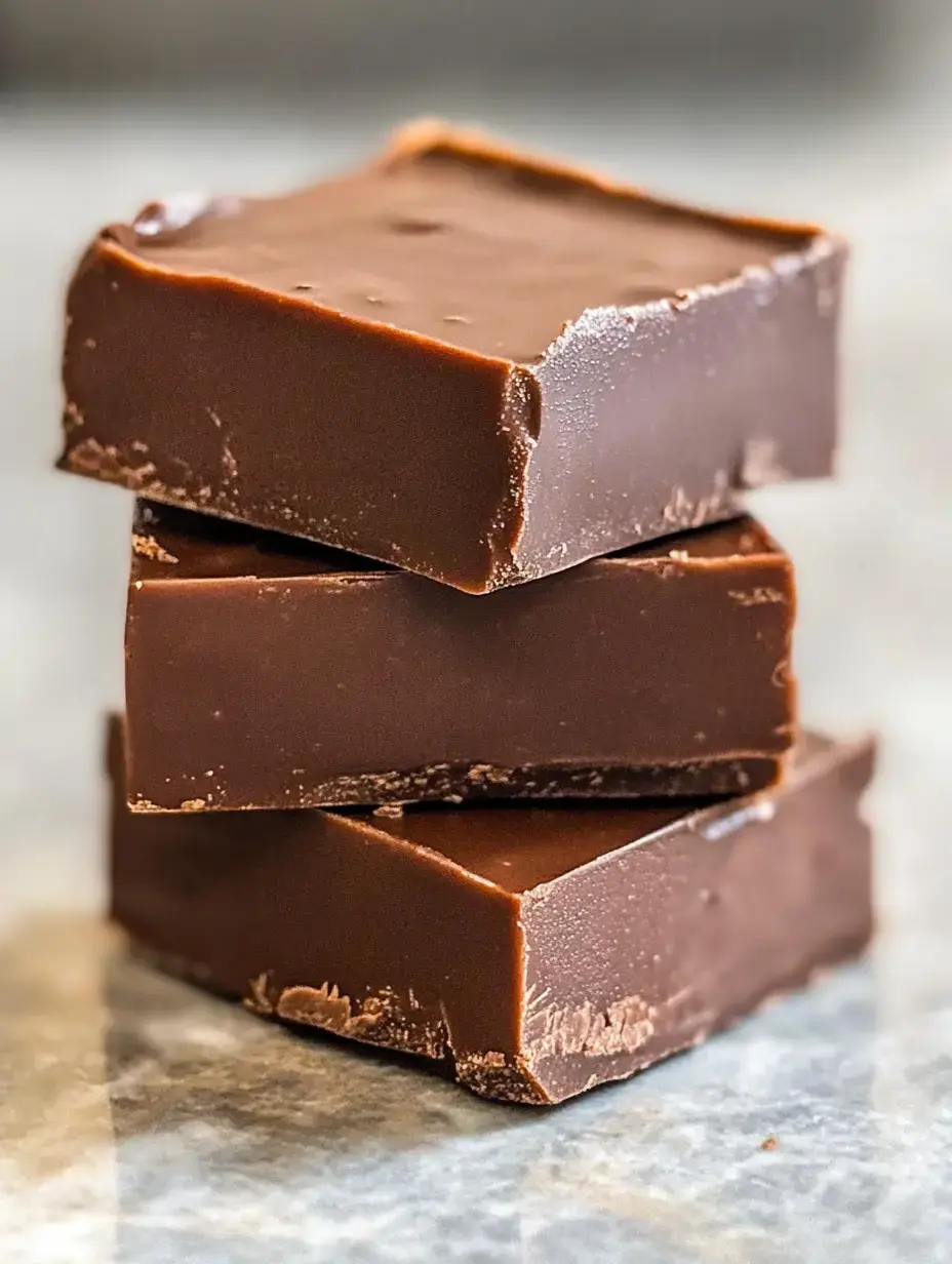 Three stacked pieces of smooth chocolate fudge on a marble surface.