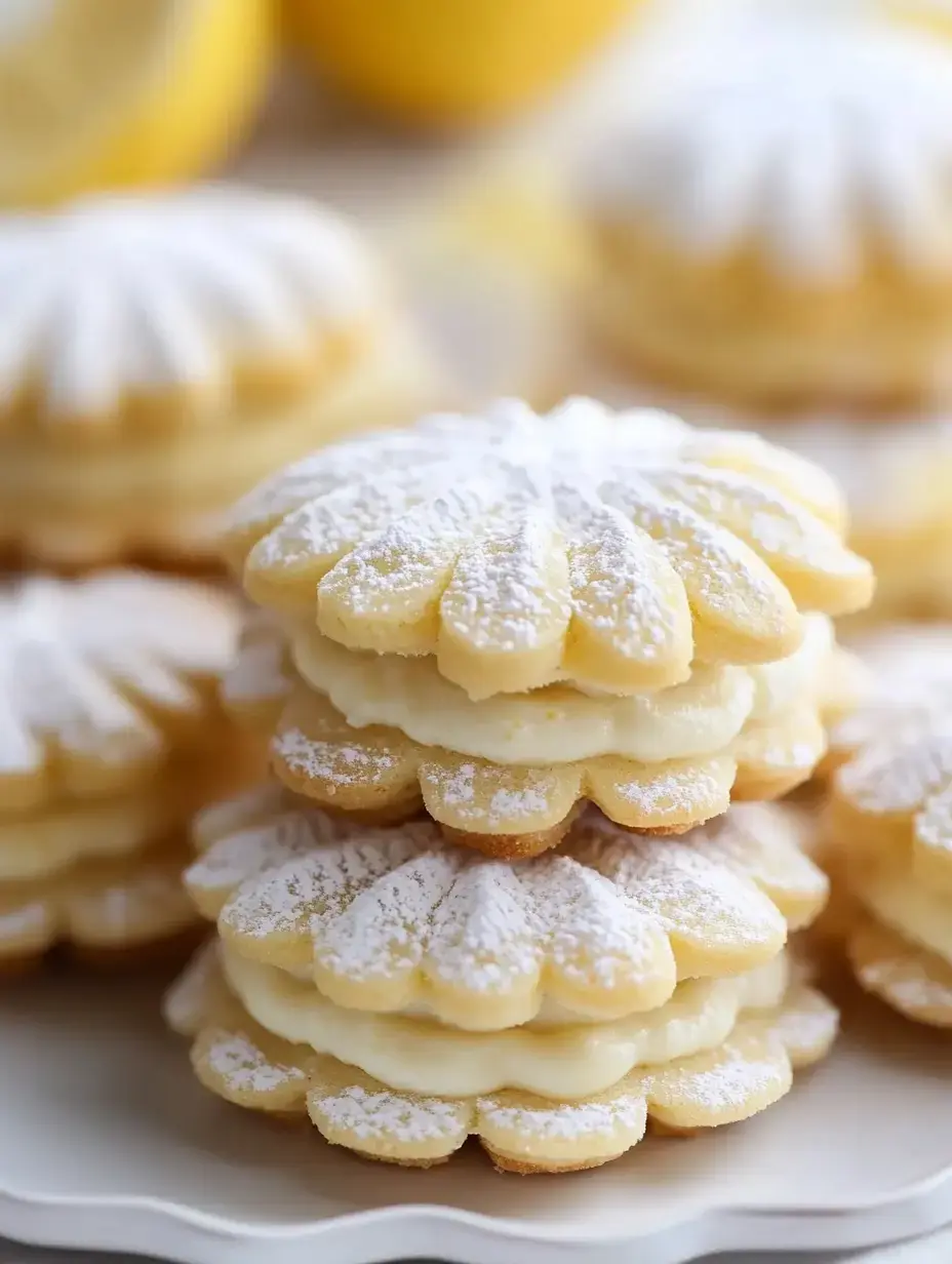 A stack of lemon-flavored cookies filled with cream and dusted with powdered sugar, set against a blurred background of lemons.