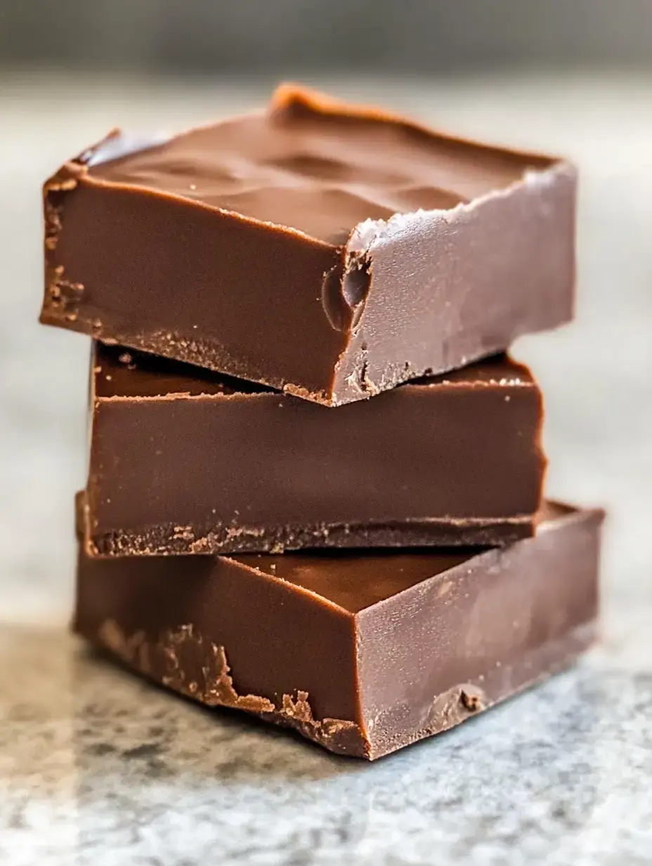 A stack of three smooth chocolate fudge squares on a marble countertop.