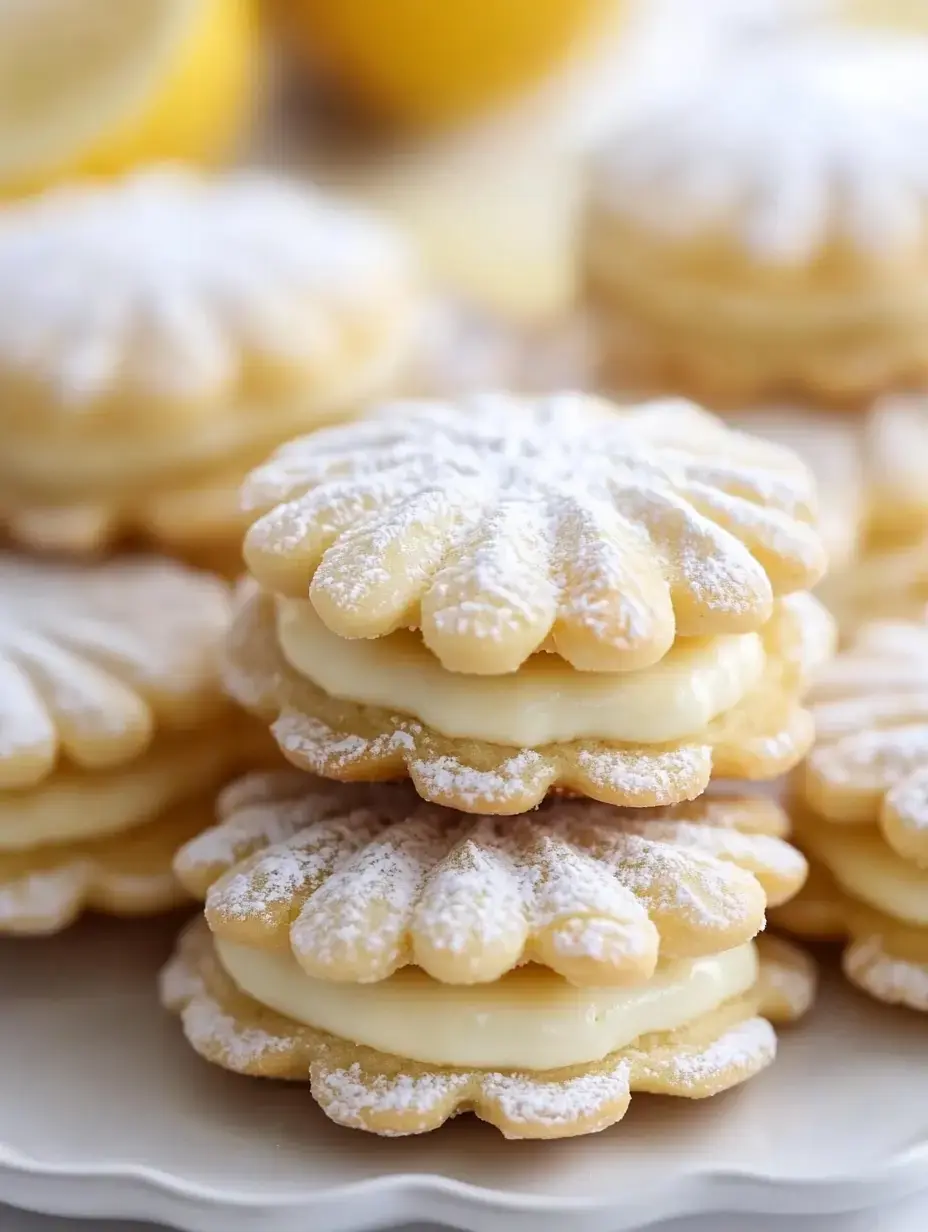 A close-up of delicate lemon cream-filled cookies dusted with powdered sugar, arranged on a plate with fresh lemons in the background.