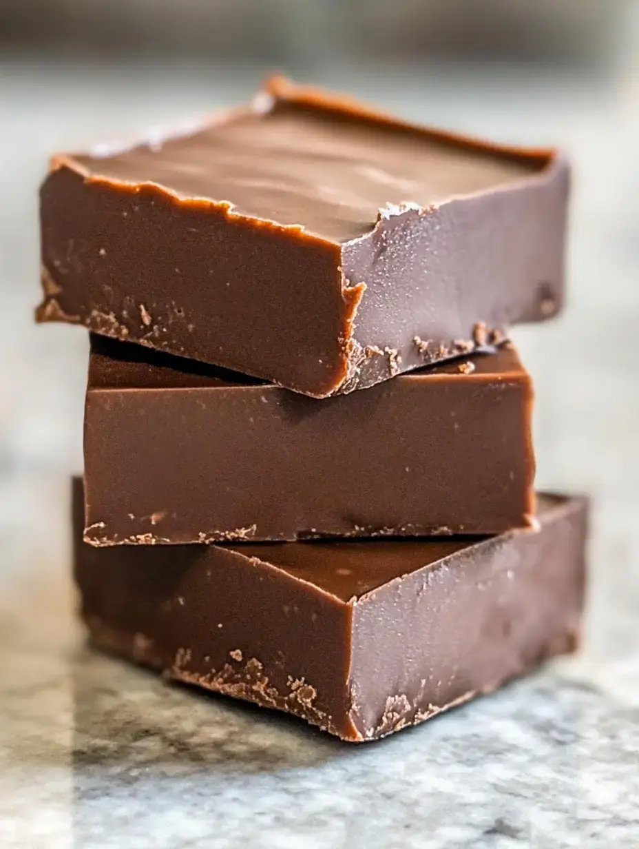 Three stacked pieces of chocolate fudge are resting on a marble surface.