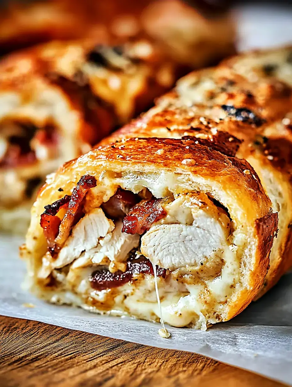 A close-up of a sliced pastry roll filled with chicken, bacon, and melted cheese, resting on parchment paper.