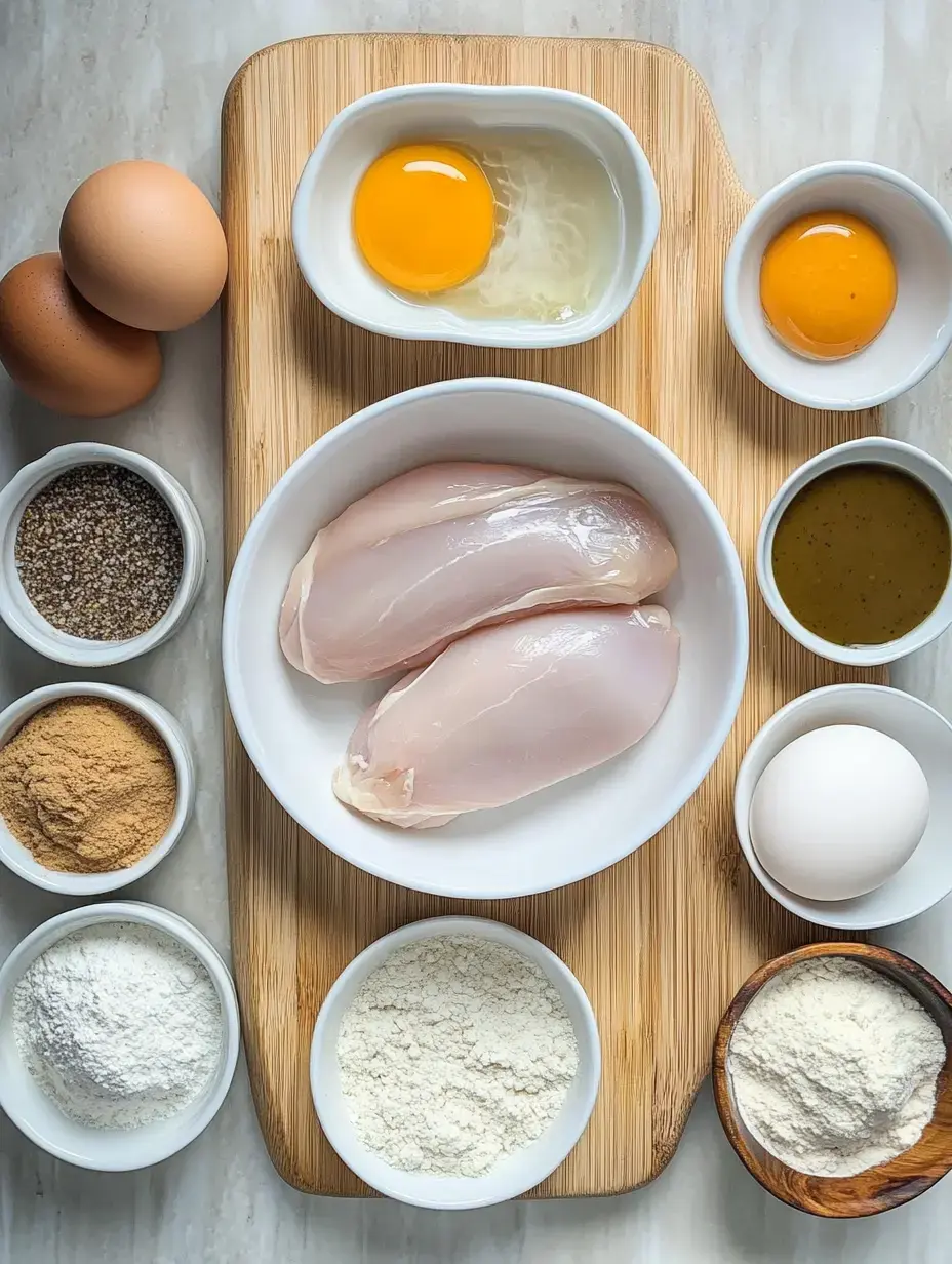 A variety of ingredients including chicken breasts, eggs, spices, and flours are arranged on a wooden cutting board and a marble surface.