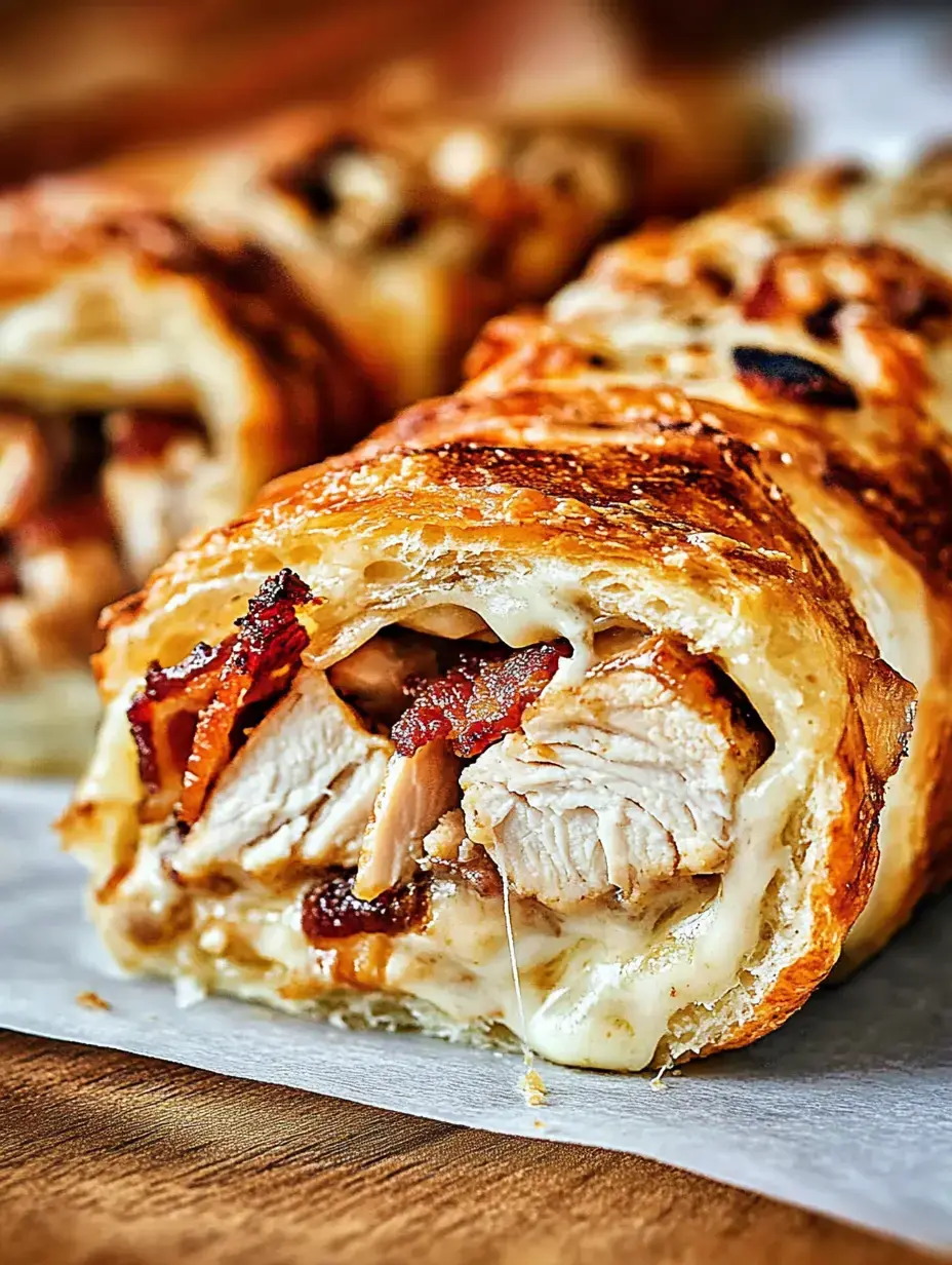 A close-up of a flaky pastry roll filled with chicken, bacon, and melted cheese.