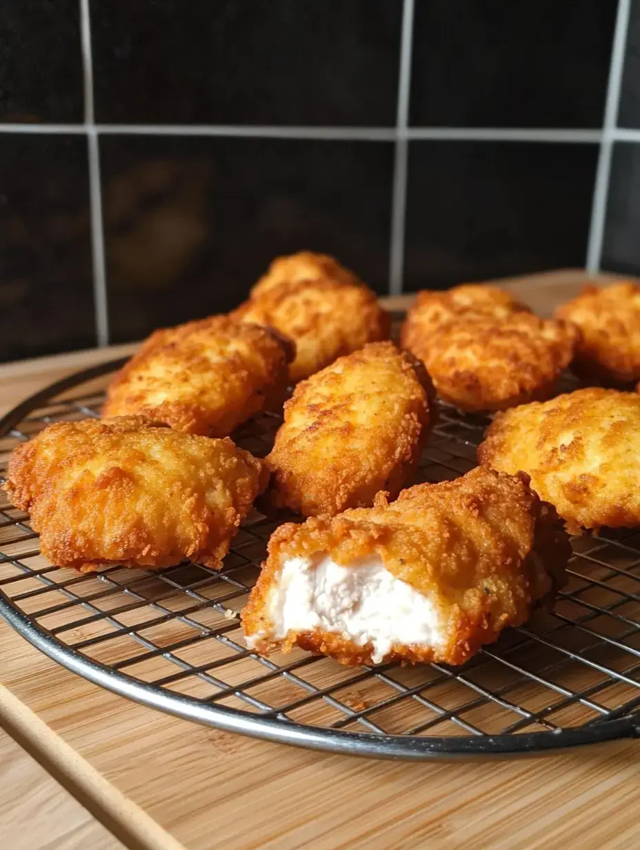 A tray of golden-brown fried chicken pieces is displayed on a cooling rack, with one piece partially bitten to reveal its white interior.