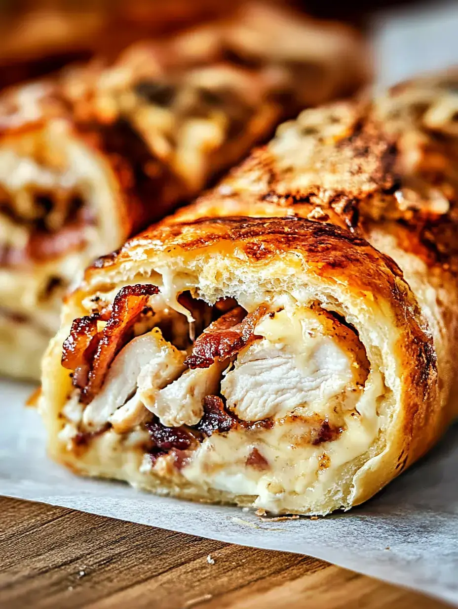 A close-up image of a golden-brown pastry filled with chicken, bacon, and creamy cheese.