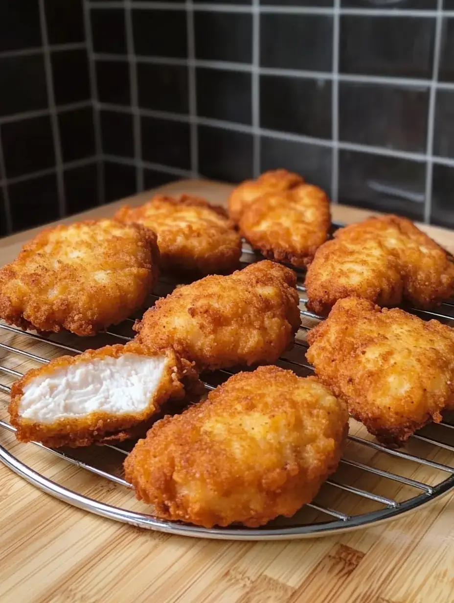 A plate of golden-brown fried chicken pieces, with one piece cut in half to reveal its juicy interior, resting on a wire rack.