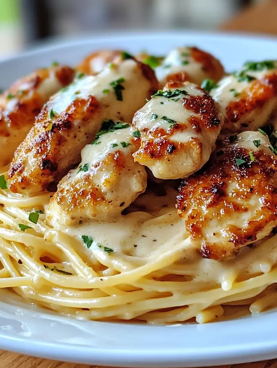 A plate of spaghetti topped with golden-brown chicken pieces and creamy sauce, garnished with parsley.