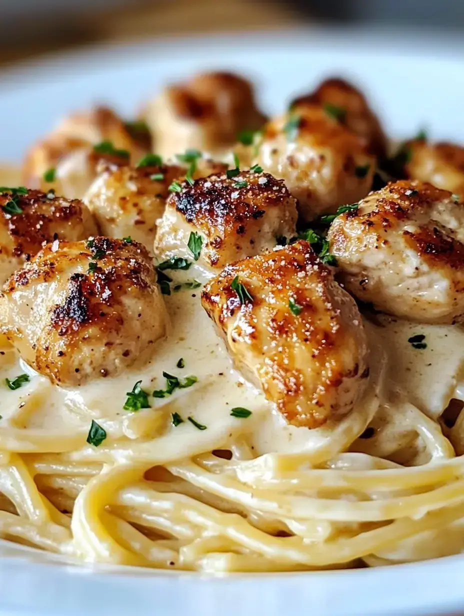 A plate of creamy pasta topped with seared chicken pieces and garnished with parsley.