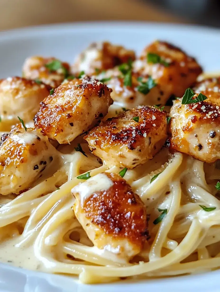 A plate of creamy pasta topped with seasoned, golden-brown chicken pieces and garnished with parsley.