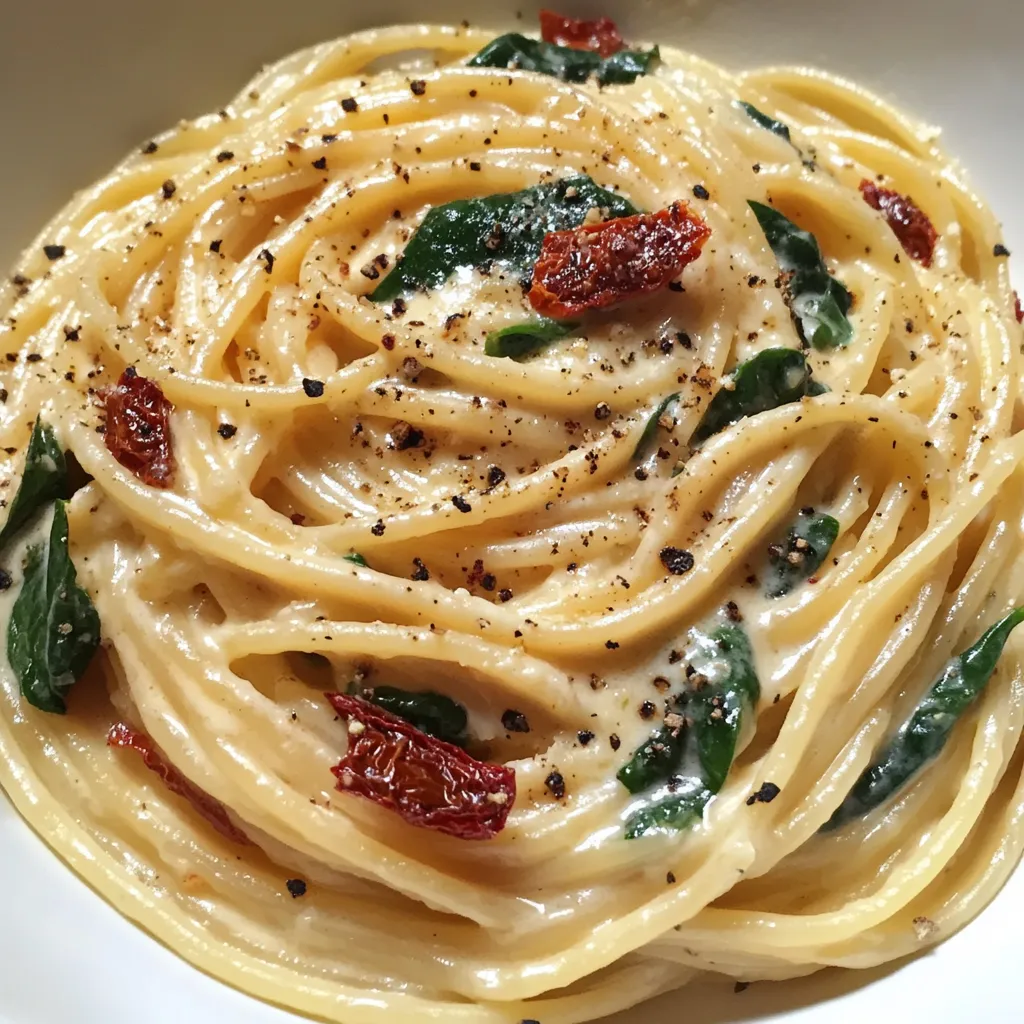 Easy Spaghetti & Spinach with Sun-Dried Tomato Cream Sauce