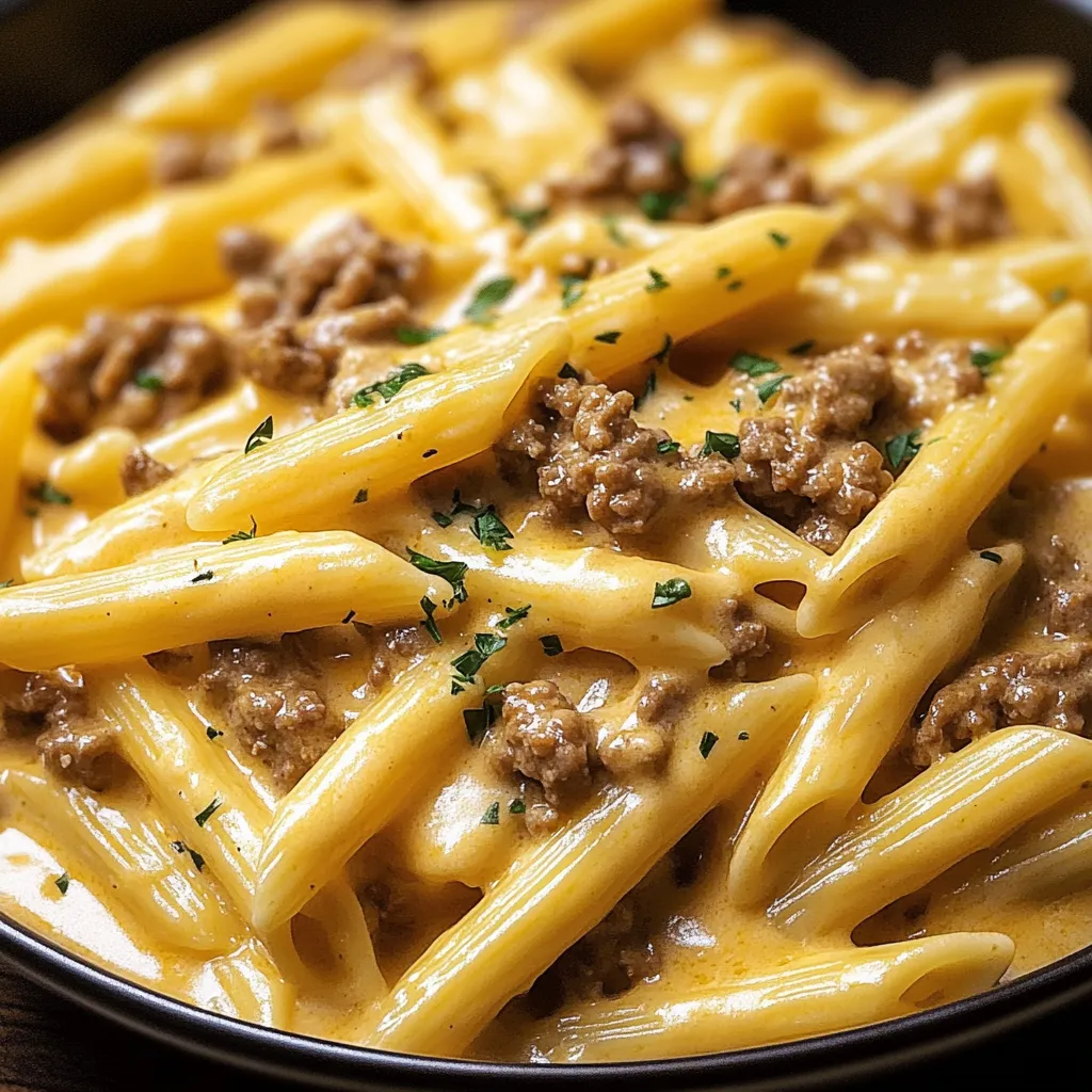 A bowl of pasta with meat and cheese.