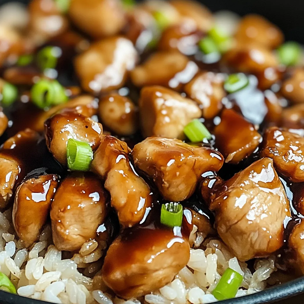 A bowl of chicken and rice with sauce.