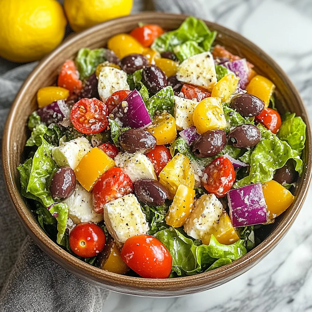 A bowl of salad with tomatoes, cucumbers, and olives.