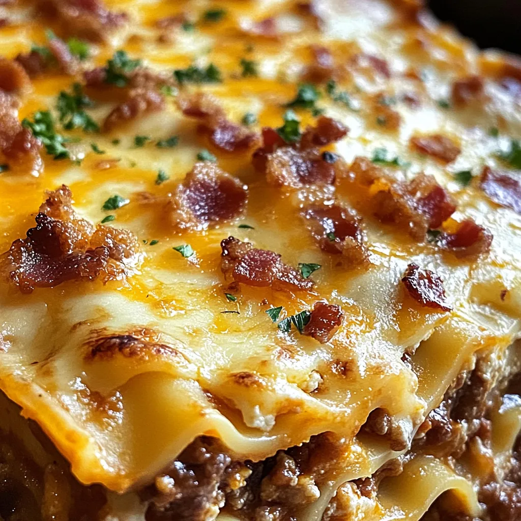 A slice of lasagna with bacon and cheese.
