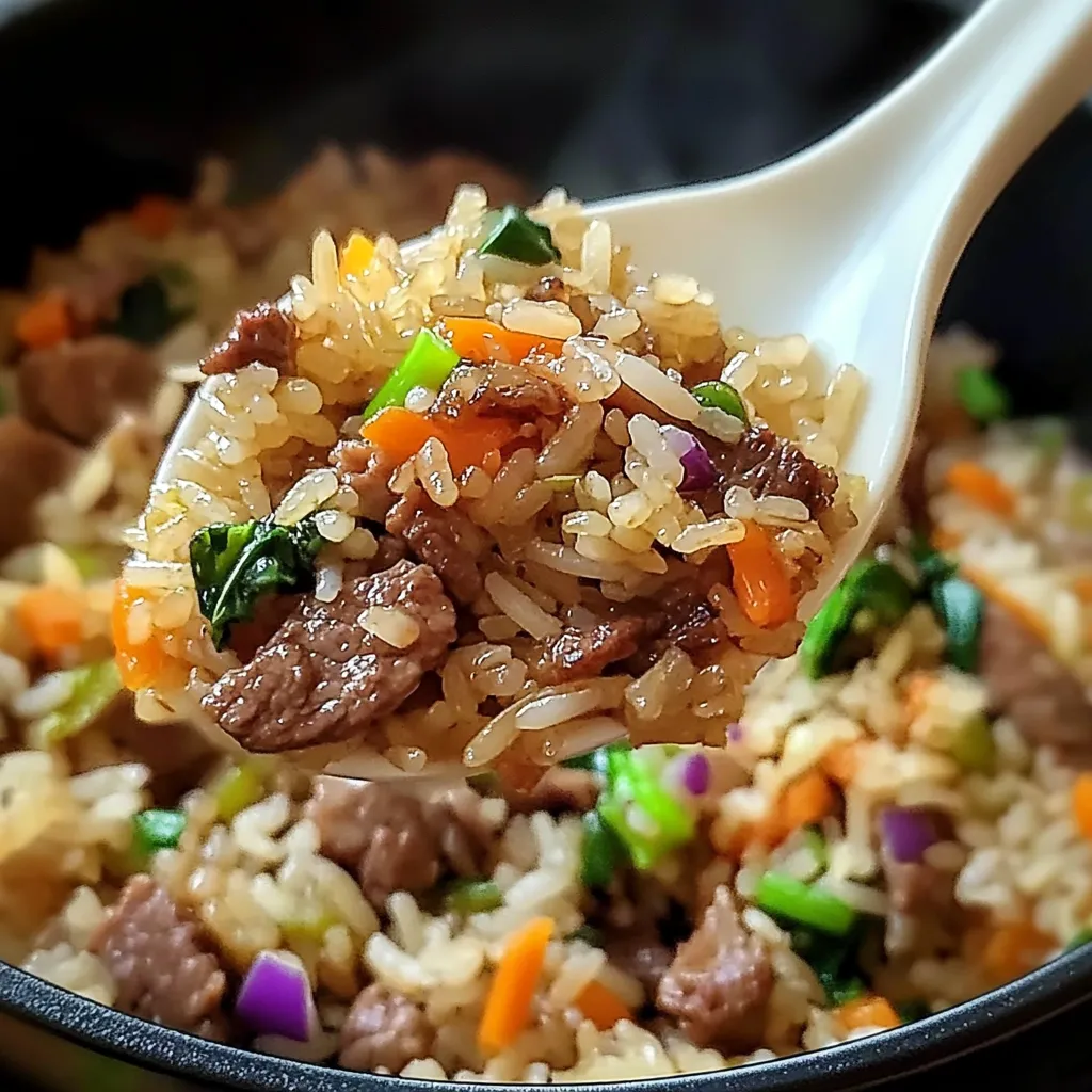A spoon is in a bowl of rice and meat.
