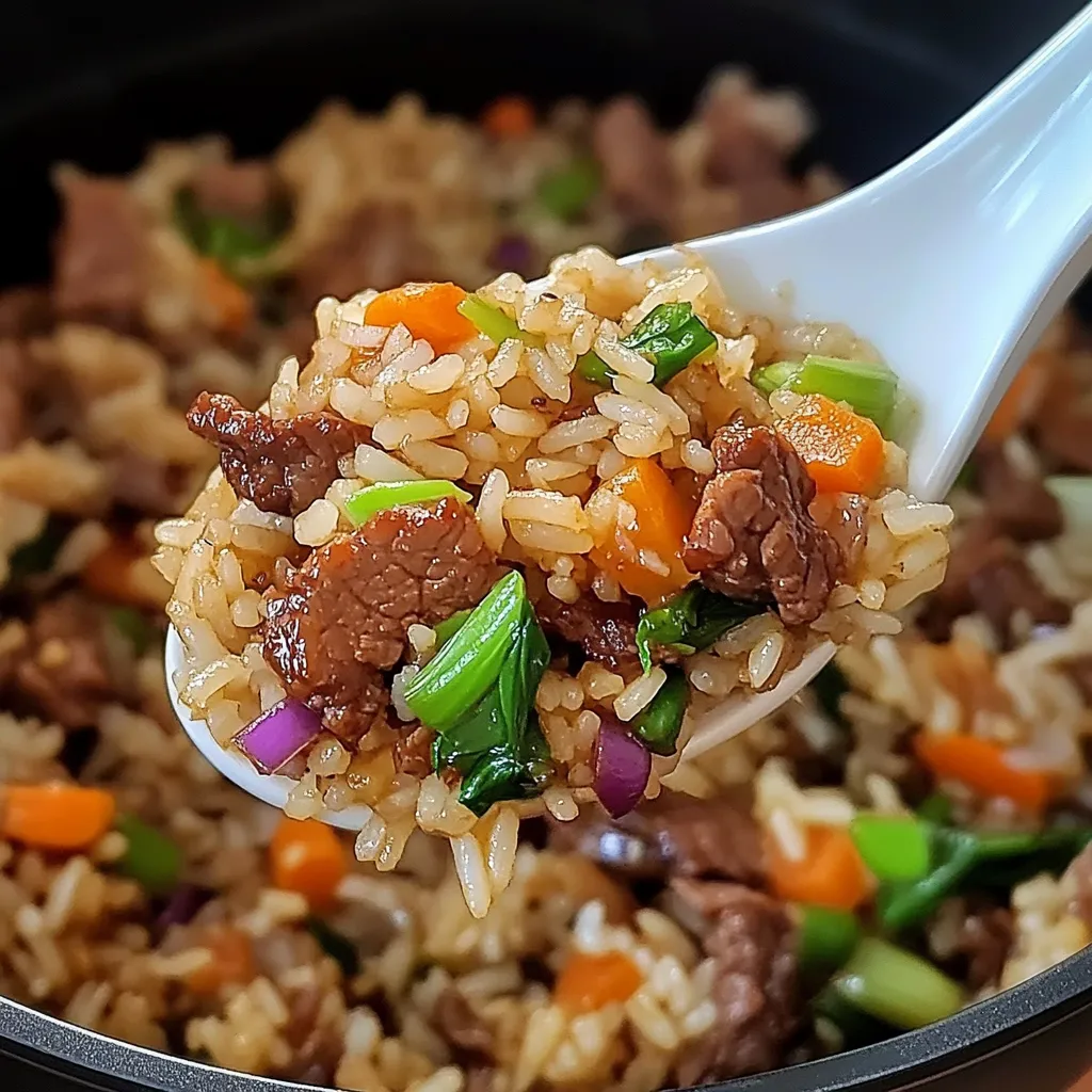 A spoon full of rice and meat.