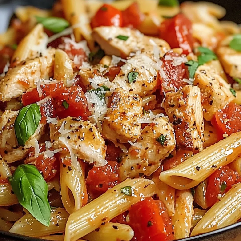A plate of pasta with chicken and tomatoes.
