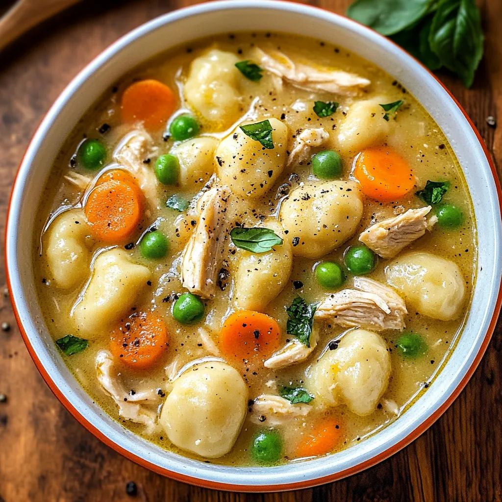 A bowl of soup with chicken, peas, carrots and potatoes.