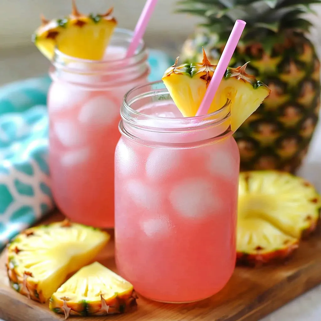 Two glasses of pink drink with pineapple slices in them.