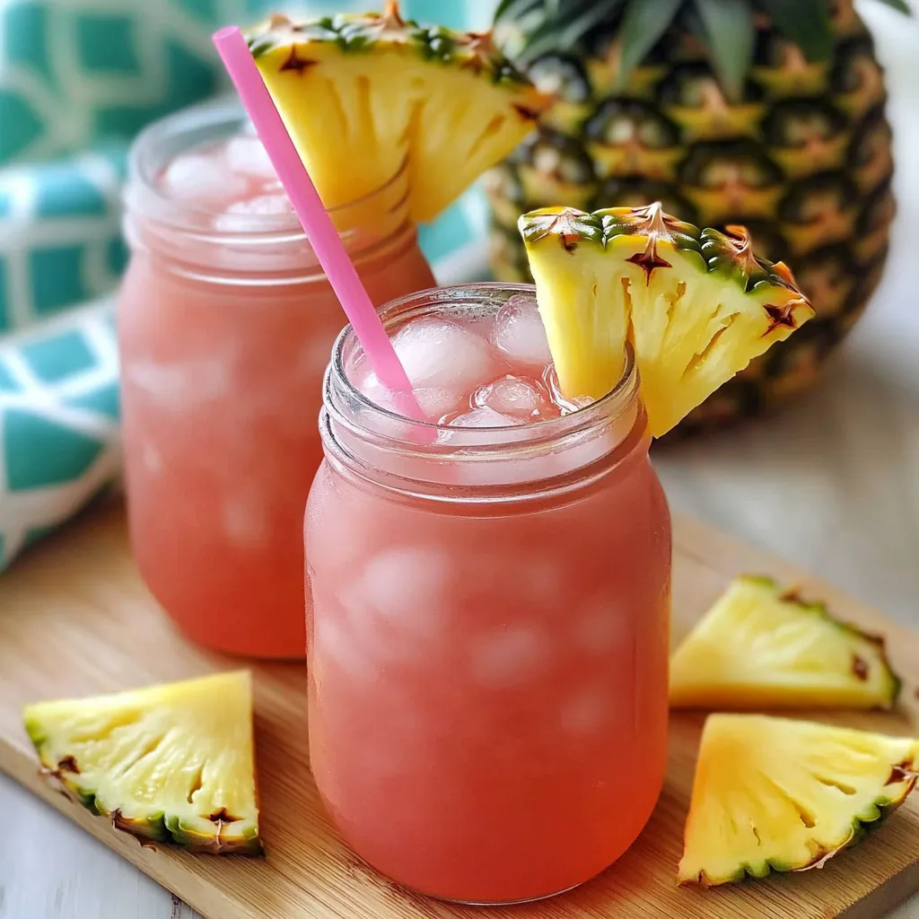 Two glasses of pink drink with pineapple slices.