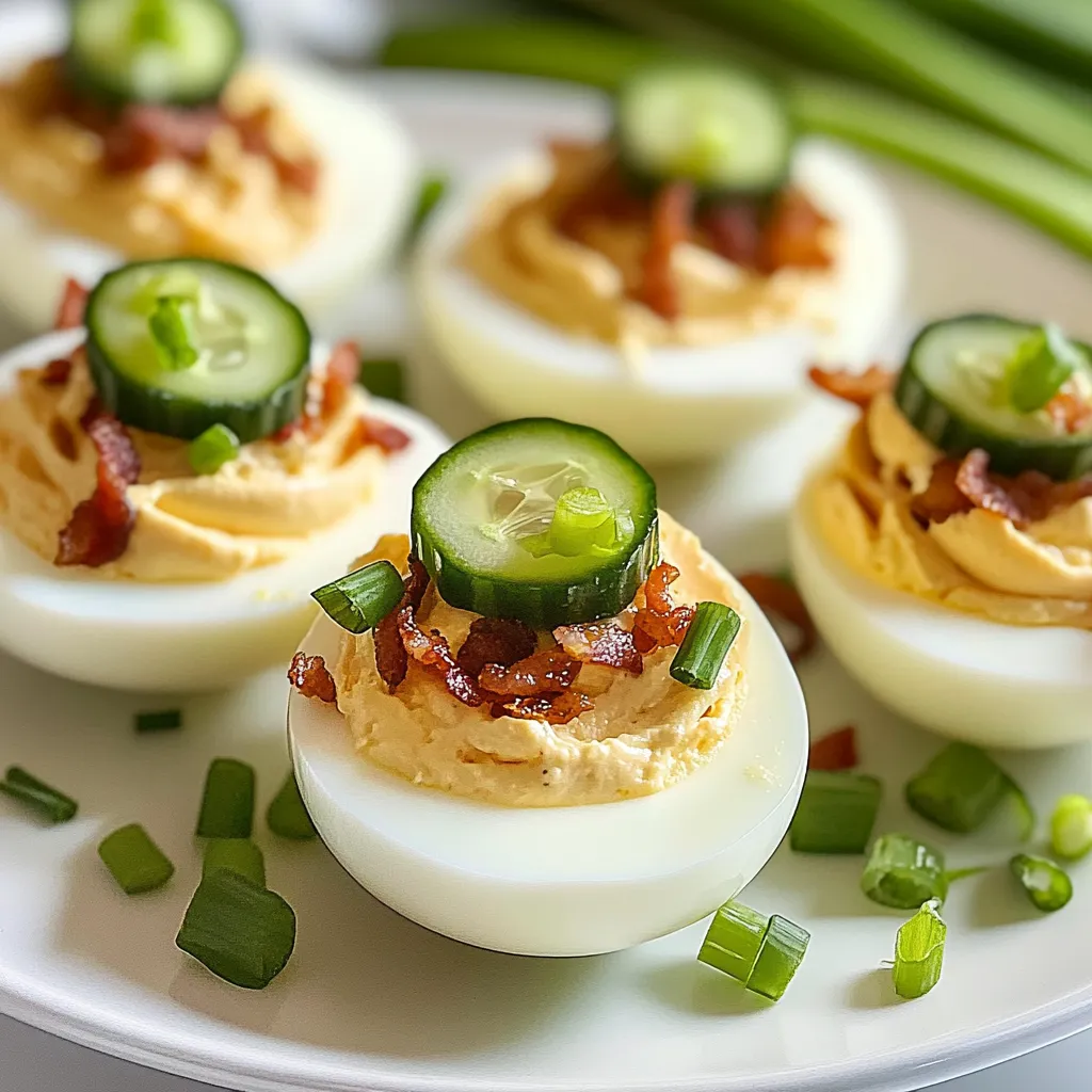 A plate of deviled eggs with bacon and cucumbers.