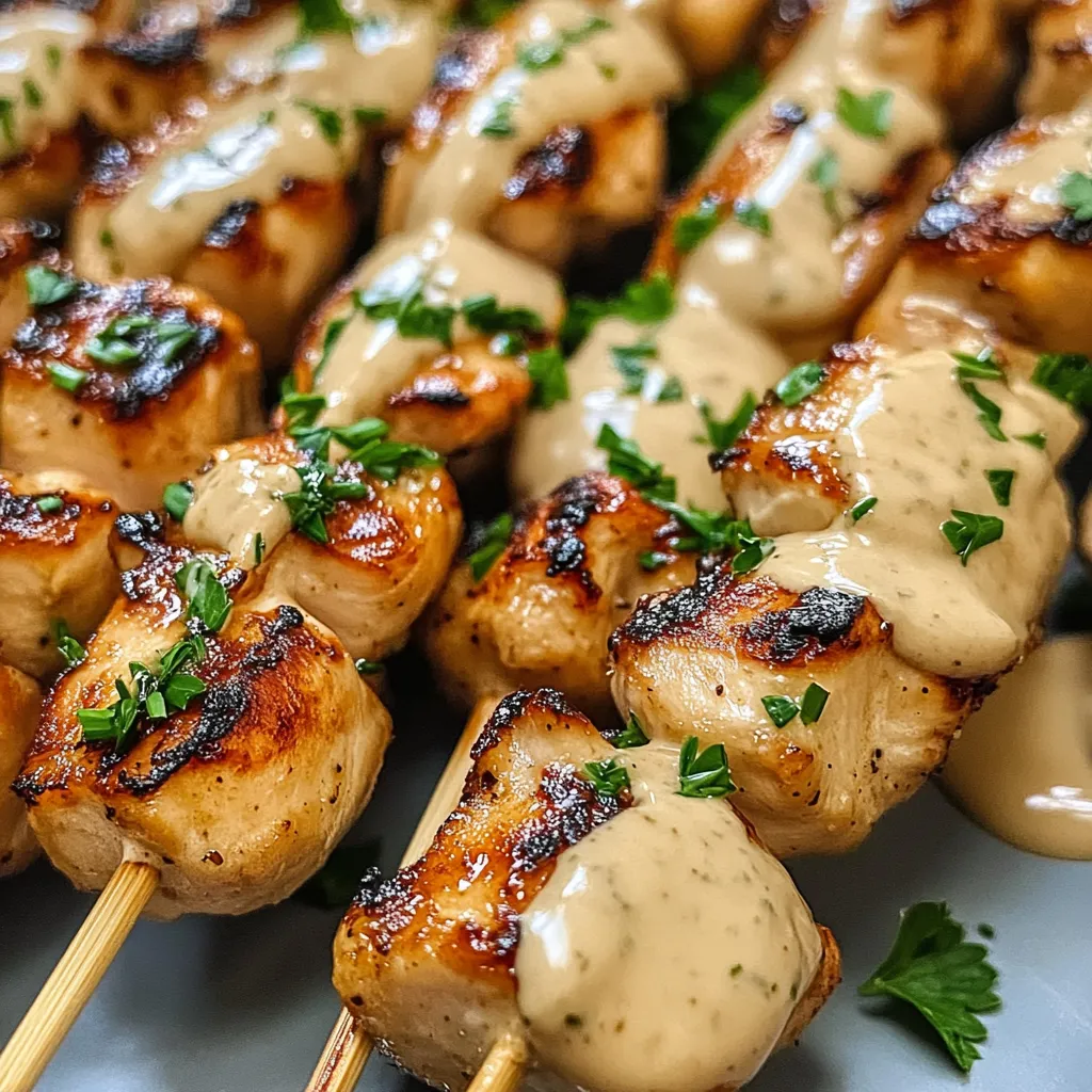 A plate of meat skewers with sauce.