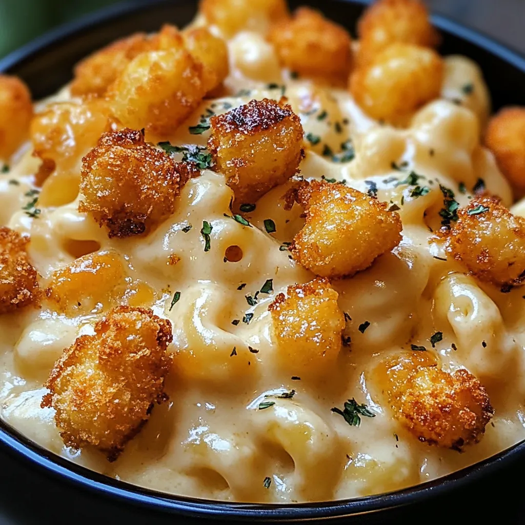 A bowl of macaroni and cheese with tater tots on top.
