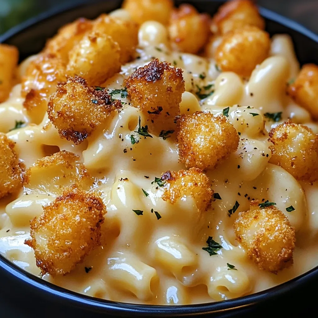 A bowl of macaroni and cheese with tater tots on top.