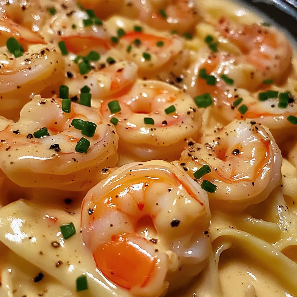 A dish of shrimp and pasta.