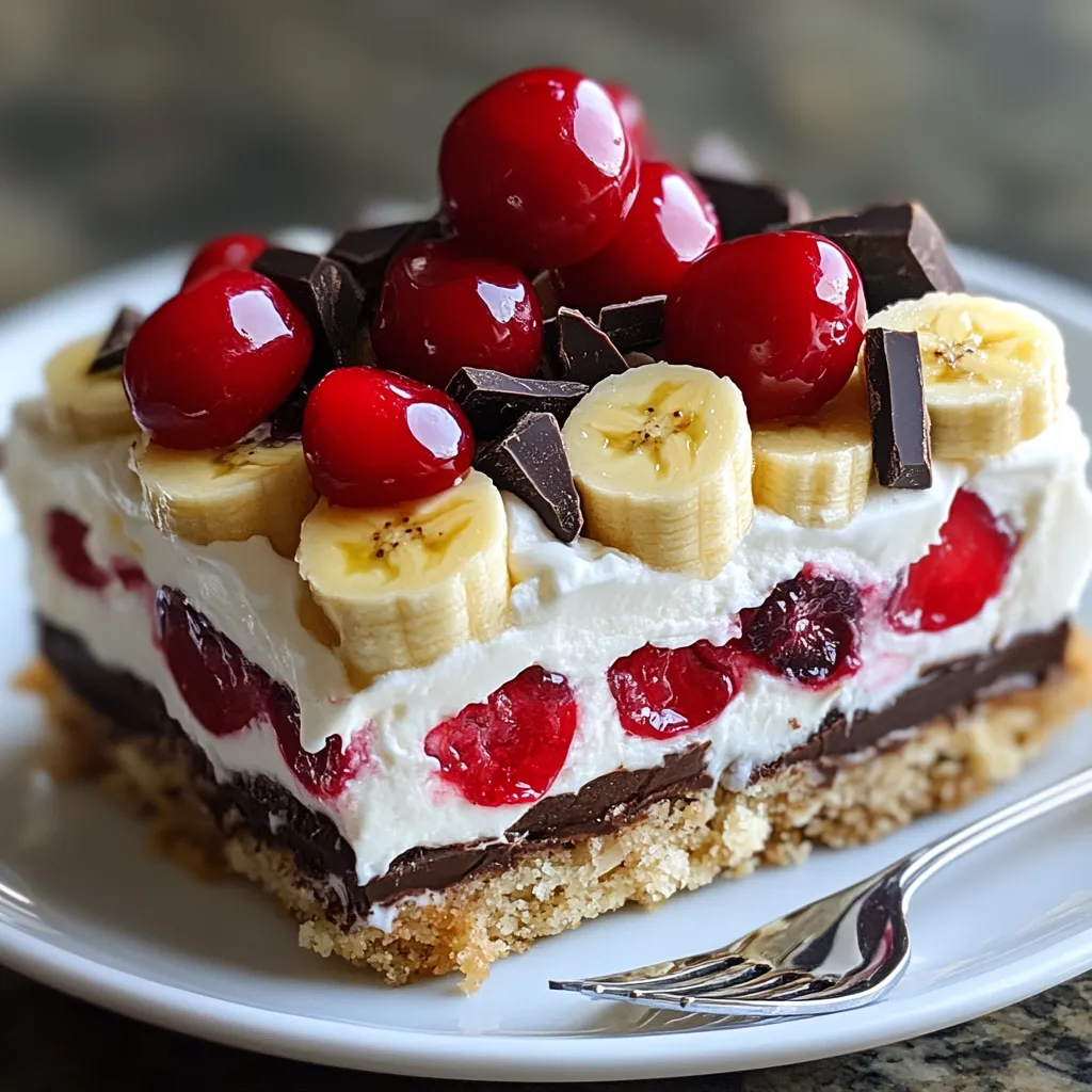 A slice of cake with bananas and cherries.
