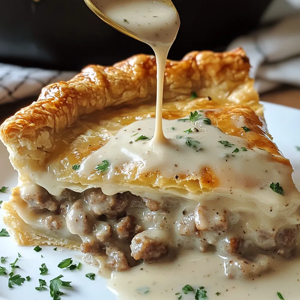 A slice of pie with sauce drizzled on top.
