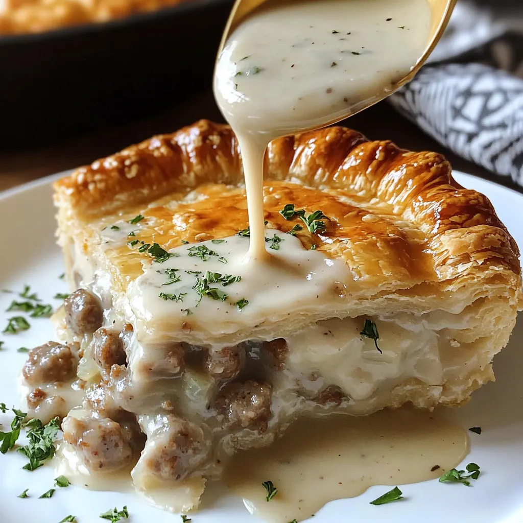 A piece of pie with sauce on it.