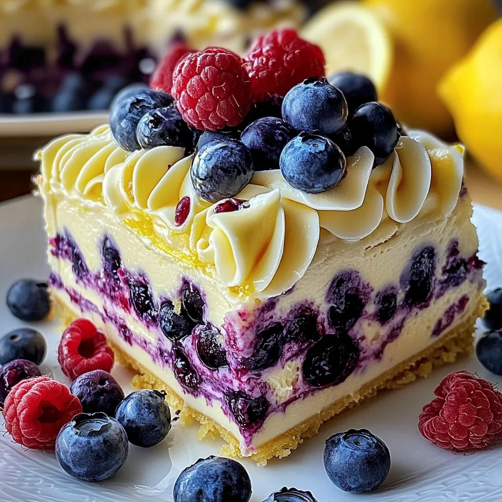 A slice of cake with blueberries on top.