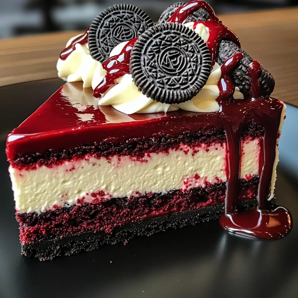 A slice of cake with a drizzle of chocolate sauce.