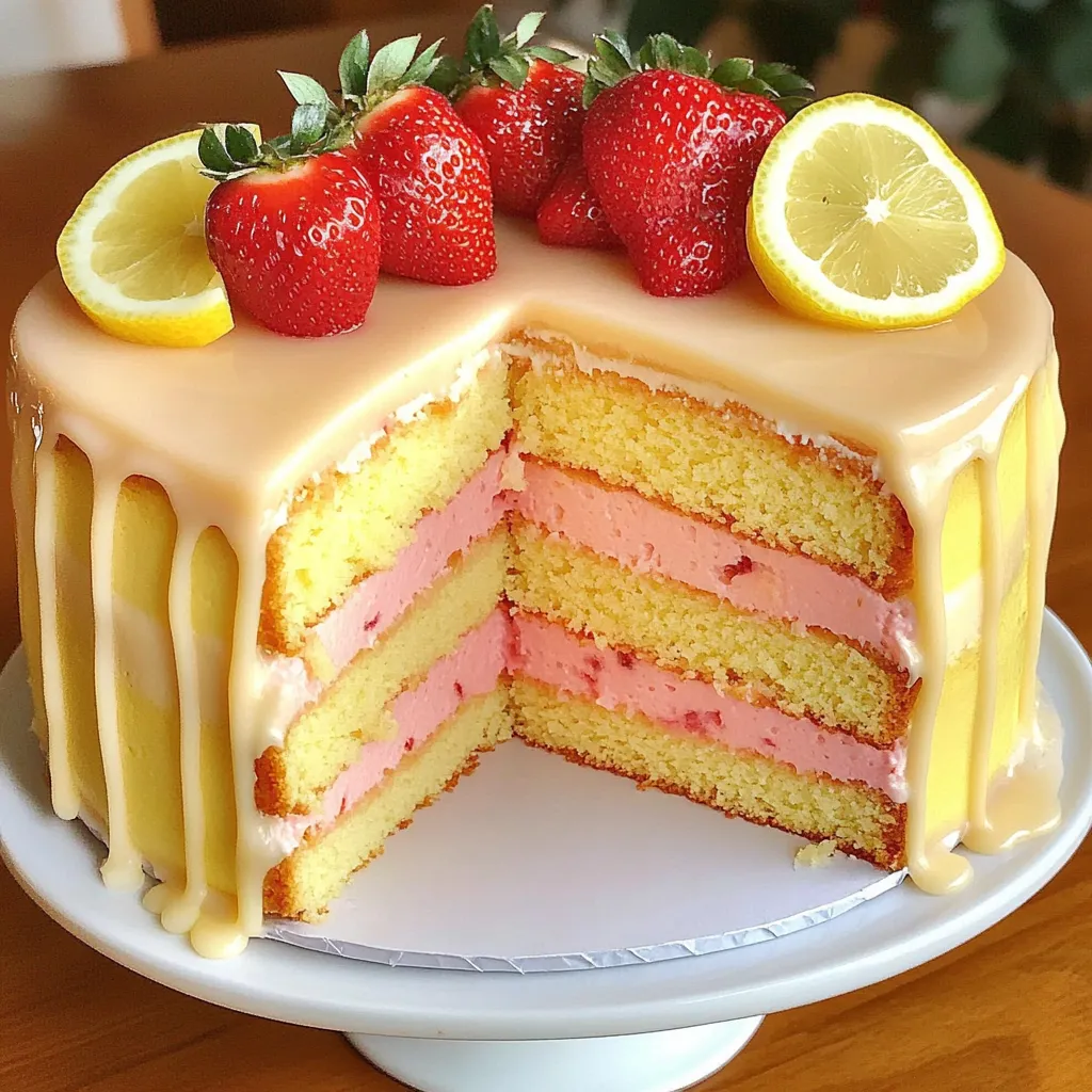 A slice of cake with strawberries and lemon.