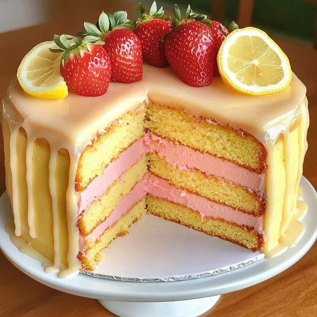 A cake with strawberries and lemon slices on top.