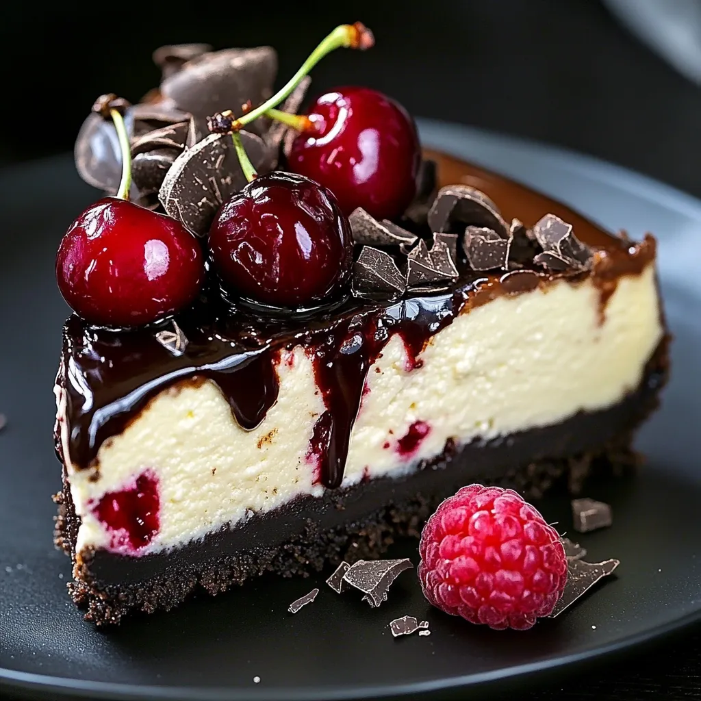 A slice of chocolate cheesecake with cherries on top.