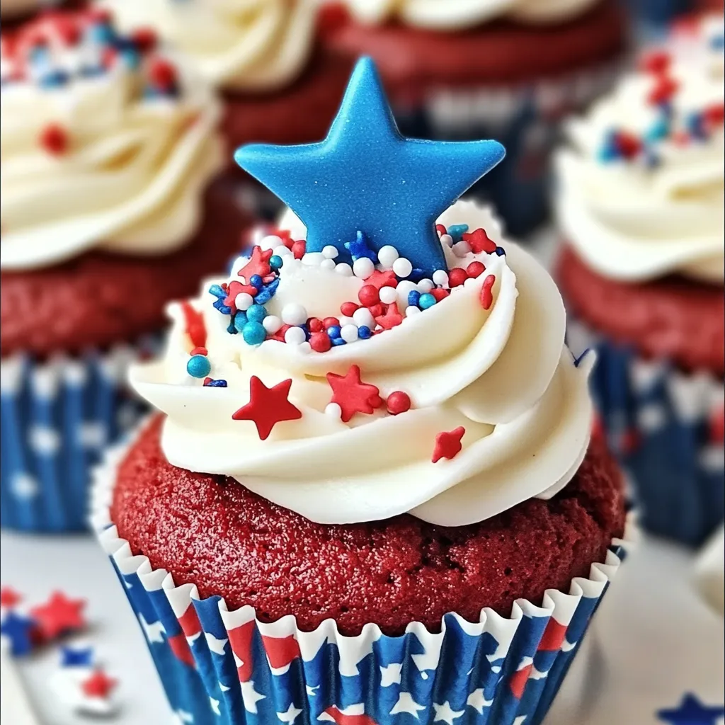 Red white and blue cupcakes with stars on top.