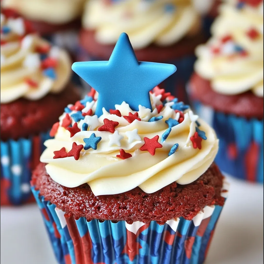 Easy A red white and blue cupcake with a star on top.
