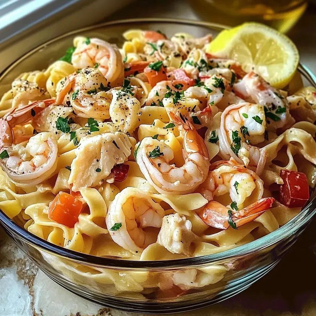 A bowl of shrimp and pasta.