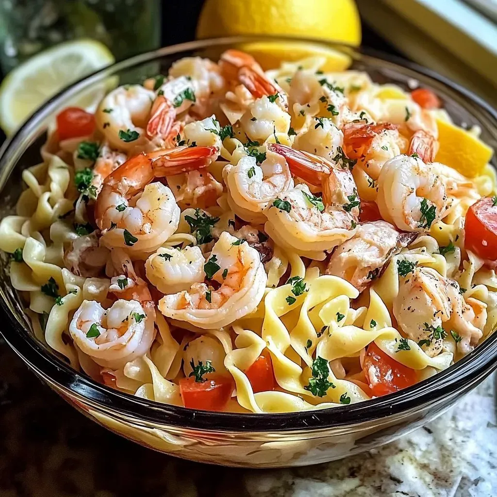 A bowl of shrimp and tomatoes.