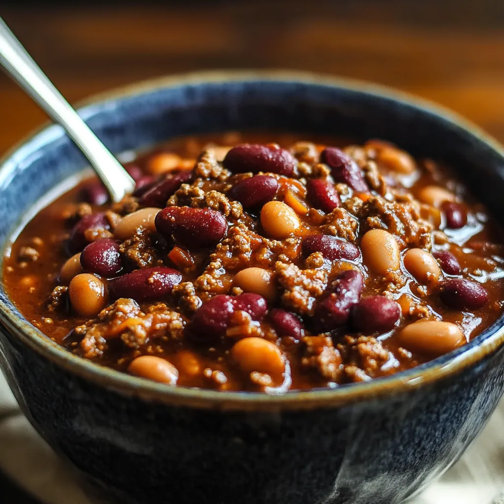 A bowl of chili with a spoon in it.