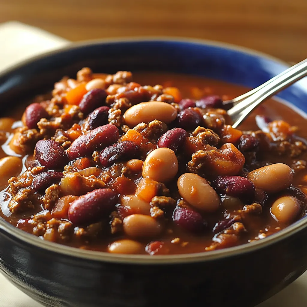 A bowl of soup with beans and meat.