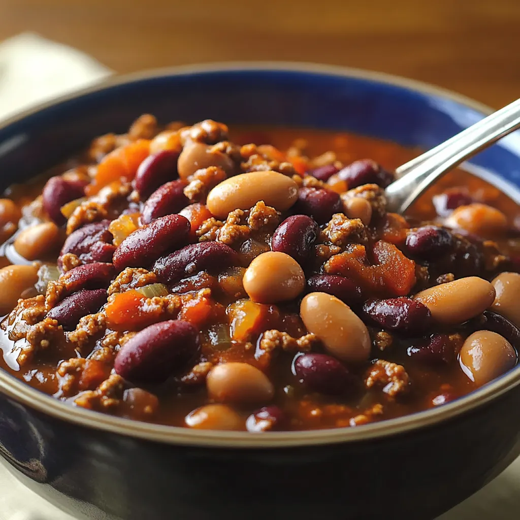 A bowl of soup with beans and meat.
