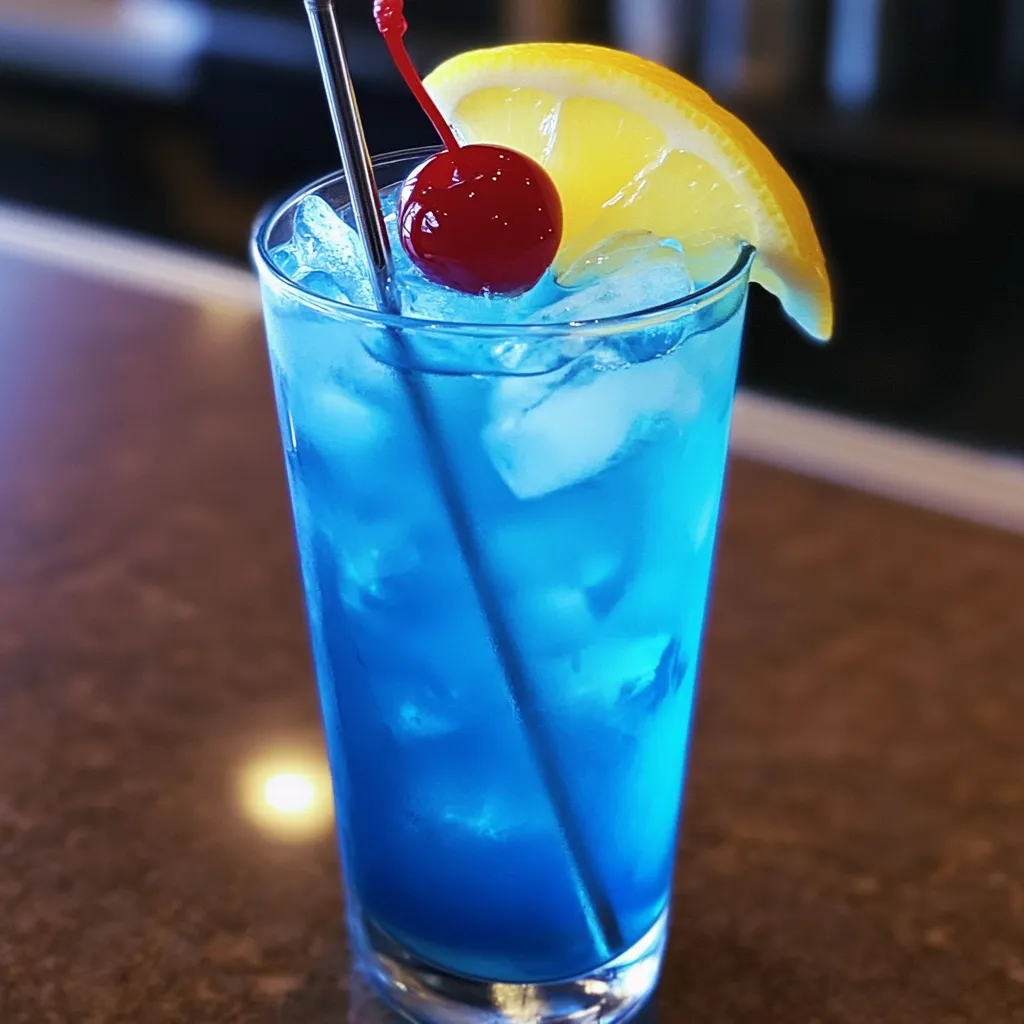 A blue drink with a cherry and lemon slice.