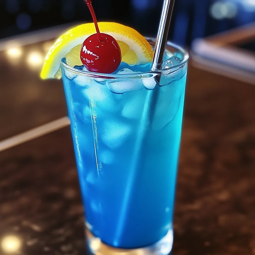 A blue drink with a cherry and lemon on a straw.