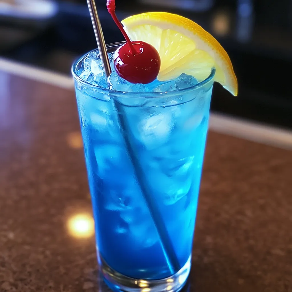 A blue drink with a cherry and lemon slice.