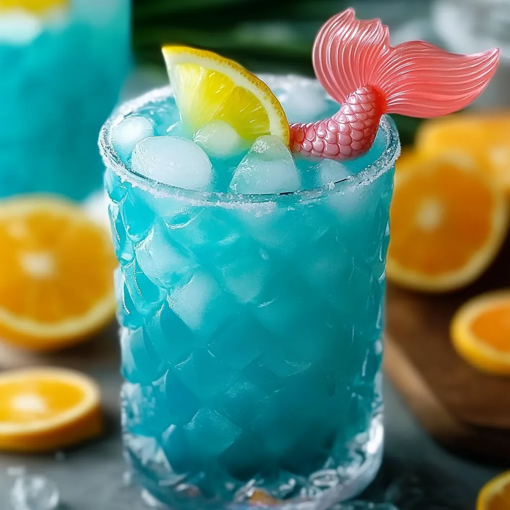 A blue drink with a slice of lemon and a pink fish on top.